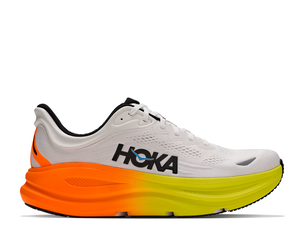 HOKA Men's Bondi 9 - WHITE / NEON TANGERINE (Wide)